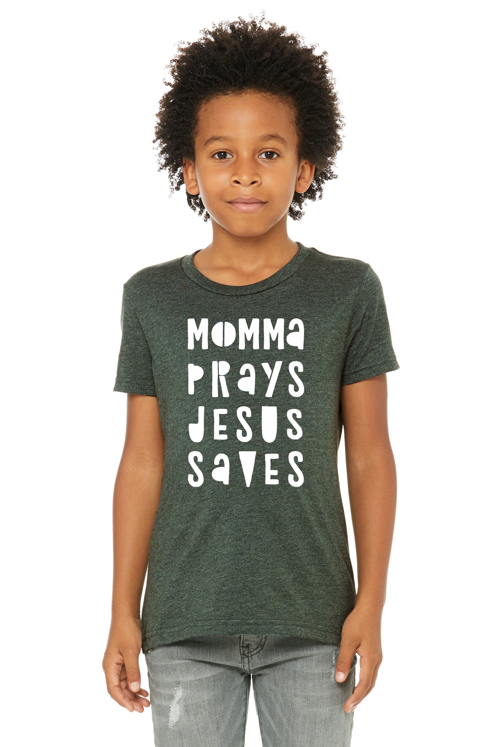 (PRE-ORDER) Momma Prays Jesus Saves™️ T-Shirt | Heather Forest