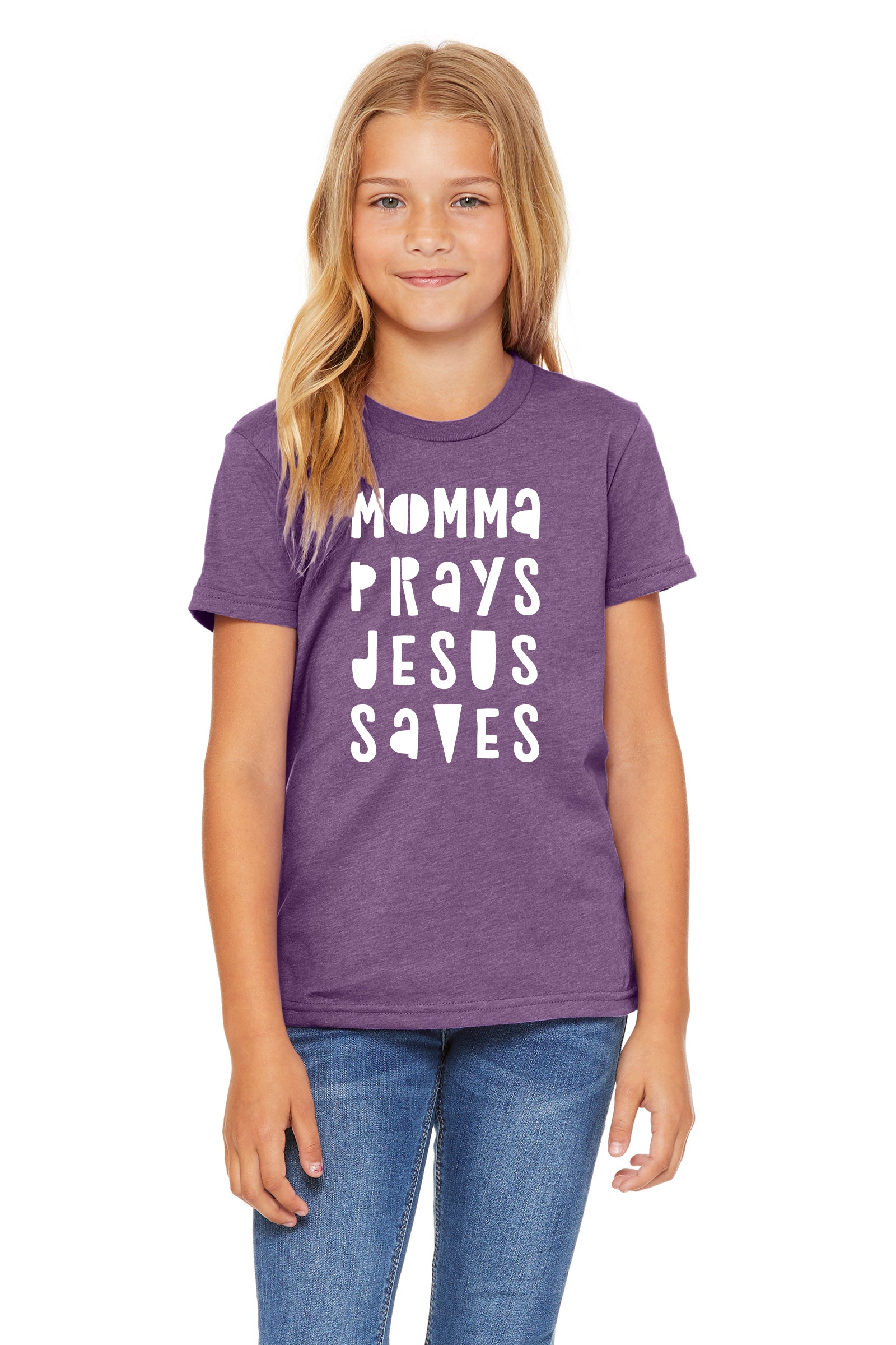 (PRE-ORDER) Momma Prays Jesus Saves™️ T-Shirt | Heather Purple