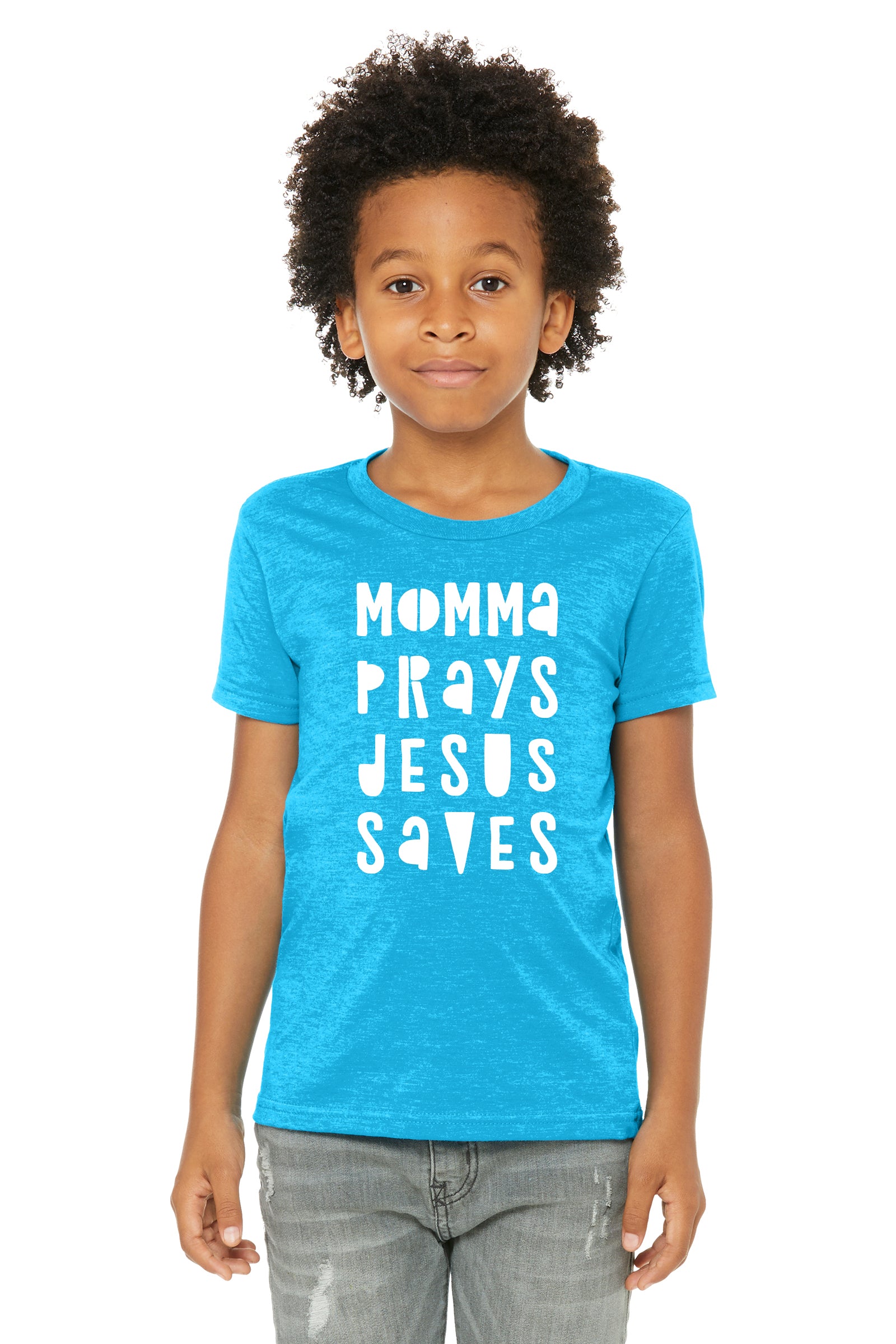 (PRE-ORDER) Momma Prays Jesus Saves™️ T-Shirt | Neon Blue